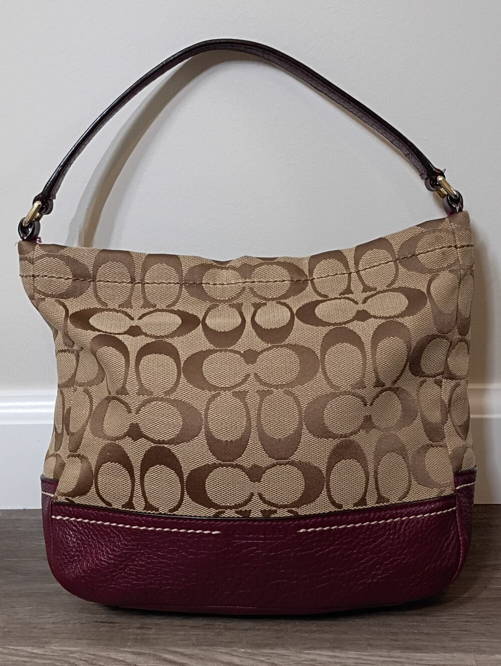 Coach Vintage Y2K Monogram Canvas Leather Shoulder Bag Tan Brown Raspberry